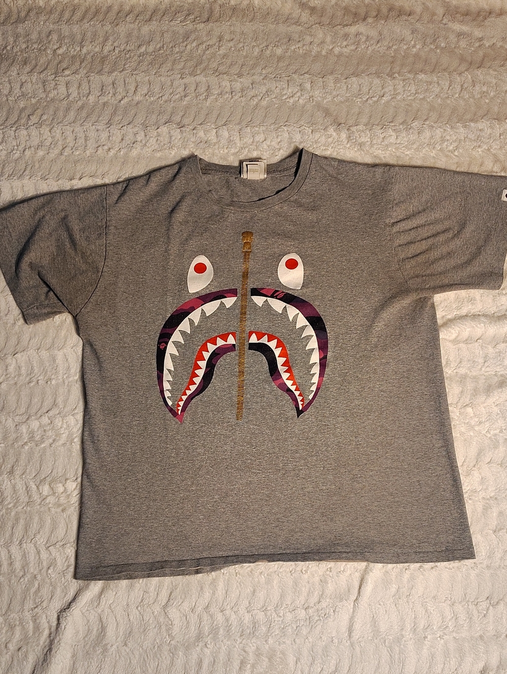Fake Bape Gray Shark Graphic Tee with Purple Accents